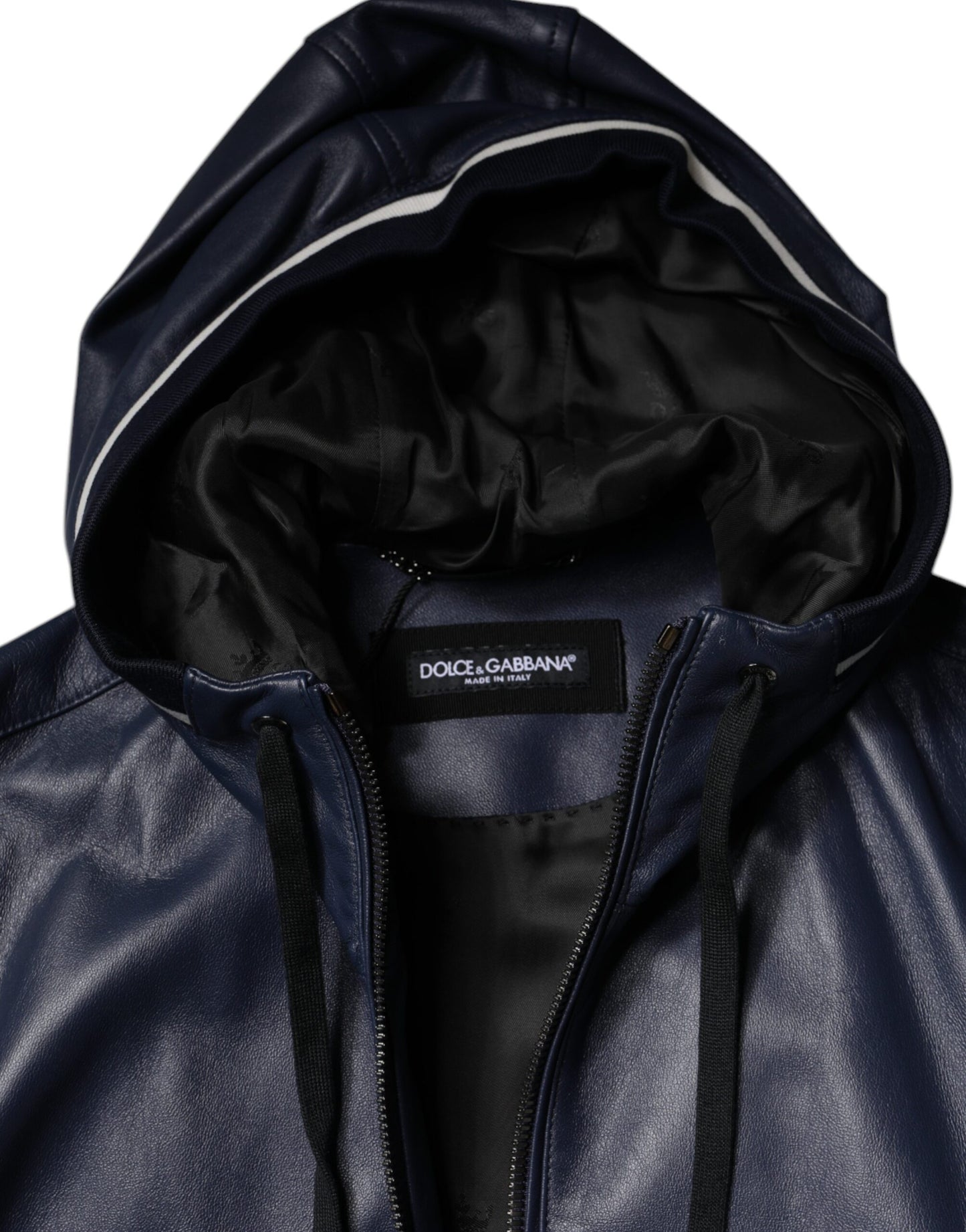 Dolce & Gabbana Blue Leather Full Zip Hooded Bomber Jacket