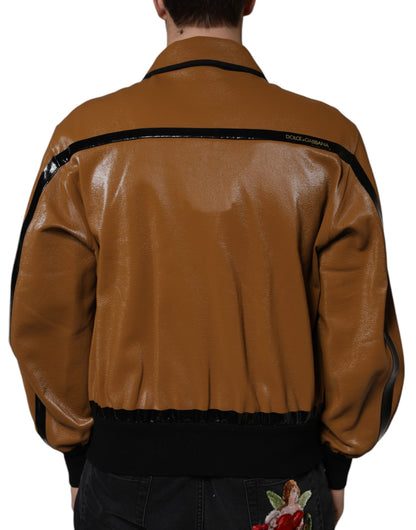 Dolce & Gabbana Brown Leather Full Zip Men Bomber Jacket