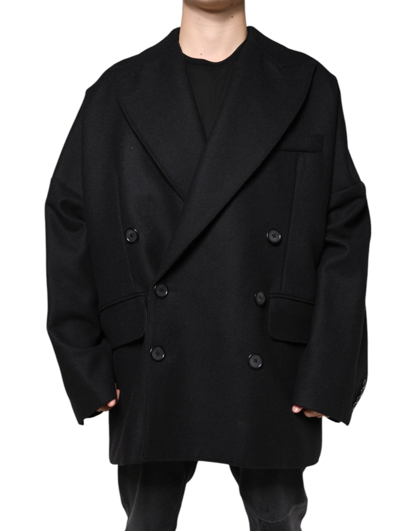 Dolce &amp; Gabbana Schwarze zweireihige Wollmanteljacke für Herren