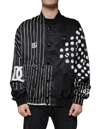 Dolce &amp; Gabbana – Schwarze Bomberjacke aus Nylon mit Punkt- und Streifenmuster