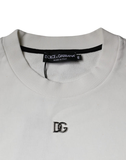 Dolce & Gabbana White Logo Cotton Crew Neck Pullover Sweater