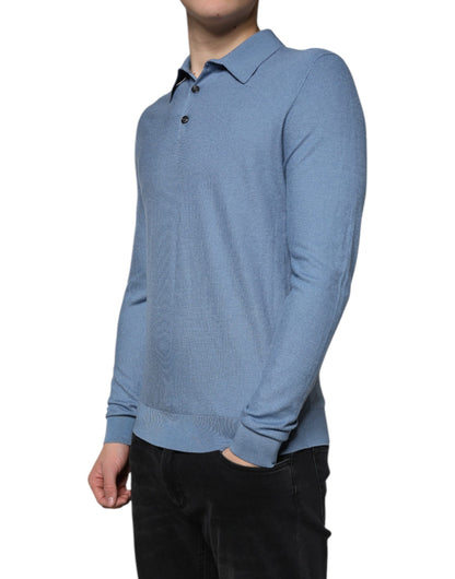 Dolce & Gabbana Sky Blue Silk Collared Men Pullover Sweater