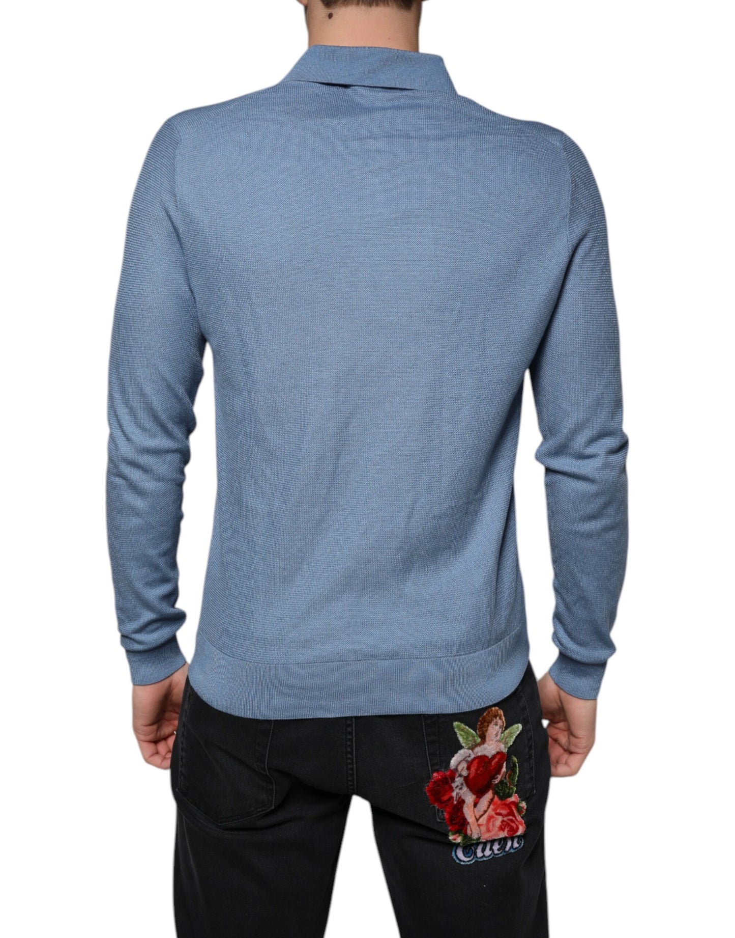 Dolce &amp; Gabbana Himmelblauer Pullover mit Seidenkragen für Herren