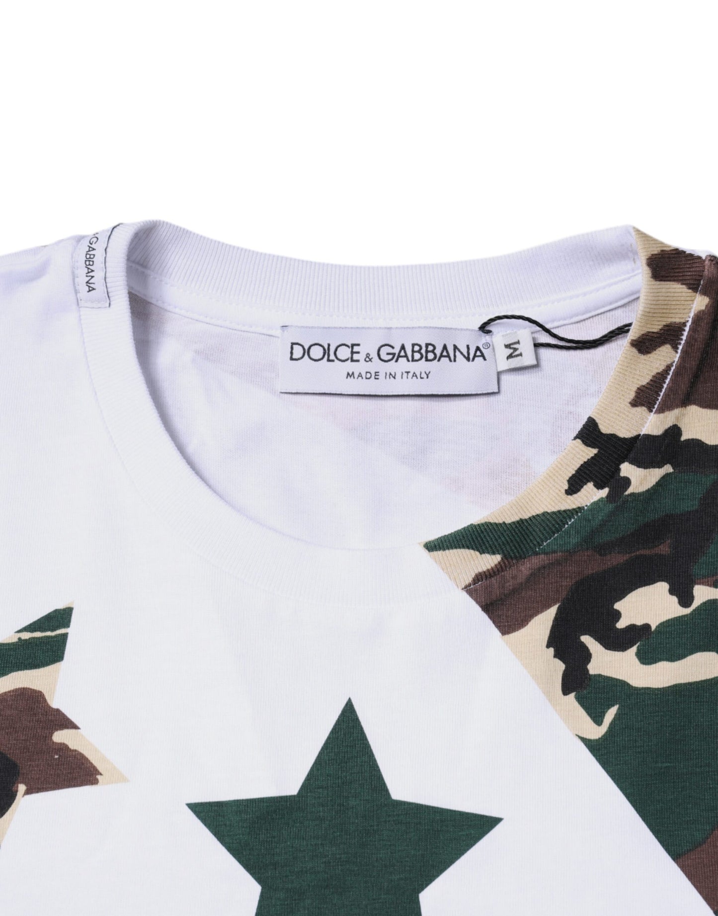 Dolce &amp; Gabbana – Weißes T-Shirt mit Rundhalsausschnitt und Camouflage-Sternen