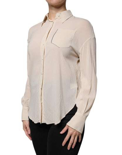 Brunello Cucinelli – Button-Down-Oberteil aus Seidenmischung mit Kragen in Beige