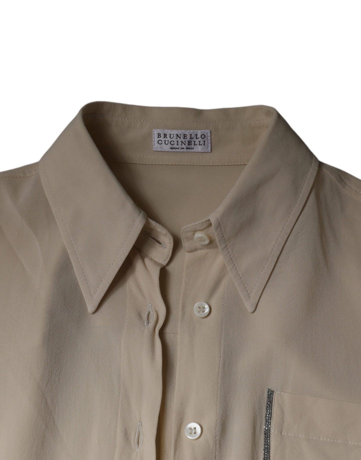 Brunello Cucinelli – Button-Down-Oberteil aus Seidenmischung mit Kragen in Beige