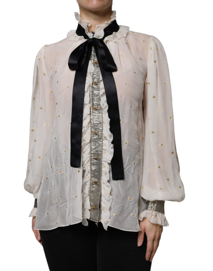 Dolce & Gabbana Off White Silk Blend Ascot Collar Blouse Top