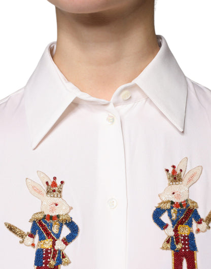 Dolce & Gabbana White Rabbit Patch Silk Collared Blouse Top