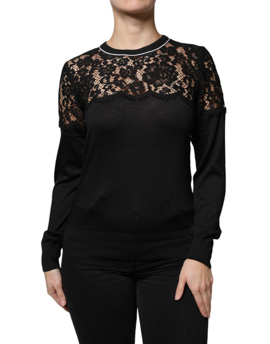 Dolce &amp; Gabbana – Schwarze Bluse aus Seiden-Pullover mit Blumenspitze