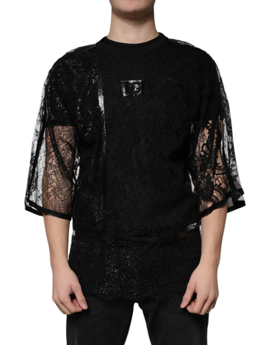 Dolce &amp; Gabbana – Schwarzes T-Shirt mit Rundhalsausschnitt aus Nylon mit Blumenspitze