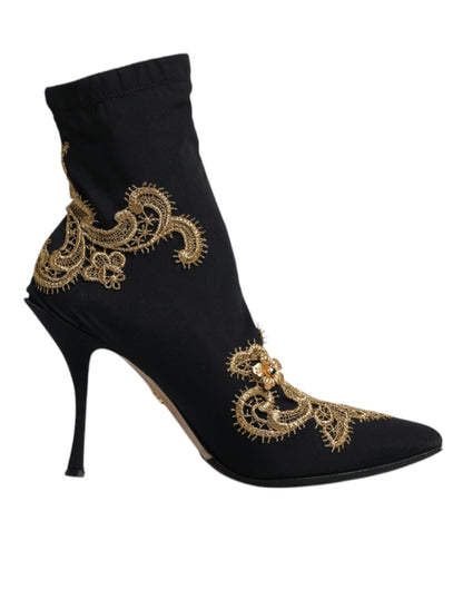 Dolce &amp; Gabbana – Slipper-Stiefel mit schwarzer Goldstickerei