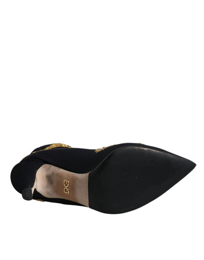 Dolce &amp; Gabbana – Slipper-Stiefel mit schwarzer Goldstickerei