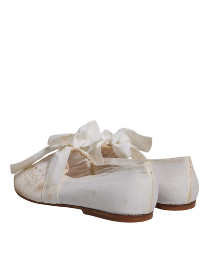 Dolce & Gabbana White Ribbon Fabric Ballerina Flats Shoes