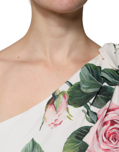 Dolce &amp; Gabbana – Weißes One-Shoulder-Midikleid aus Seide mit Blumenmuster