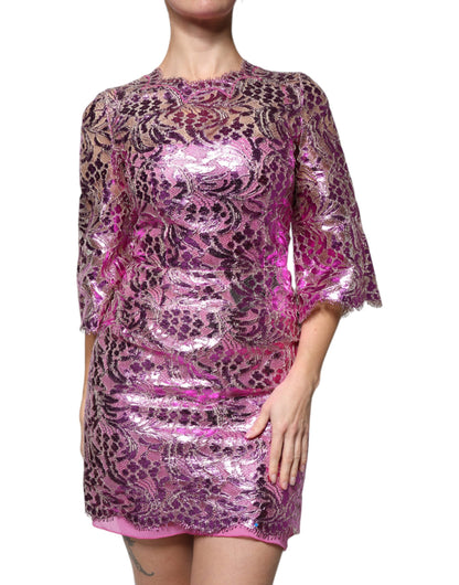 Dolce & Gabbana Metallic Fuchsia Floral Sheath Mini Dress