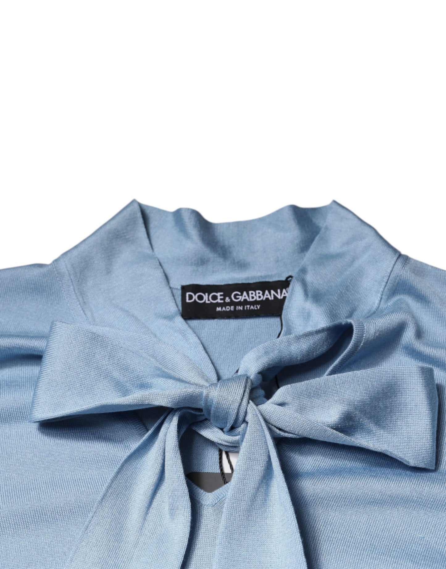 Blauer Pullover aus Seidenstrick von Dolce &amp; Gabbana mit Ascot-Kragen