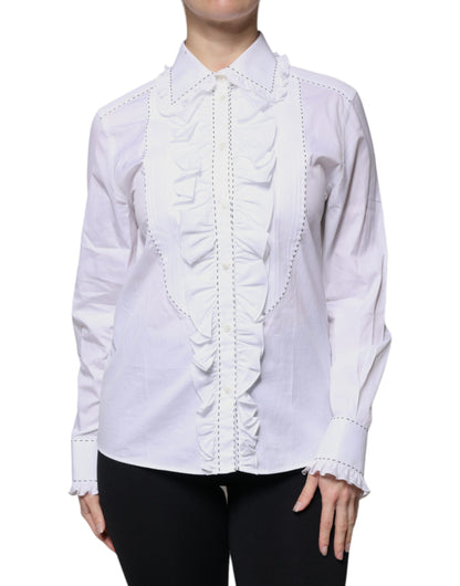 Dolce & Gabbana White Cotton Long Sleeves Ruffle Collar Top