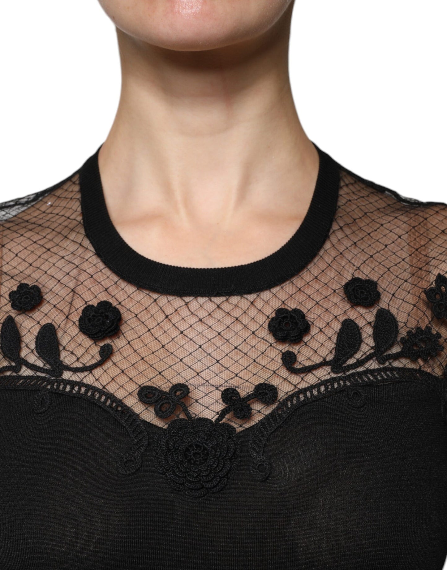 Dolce &amp; Gabbana – Schwarze Bluse mit kurzen Ärmeln und Blumenspitze