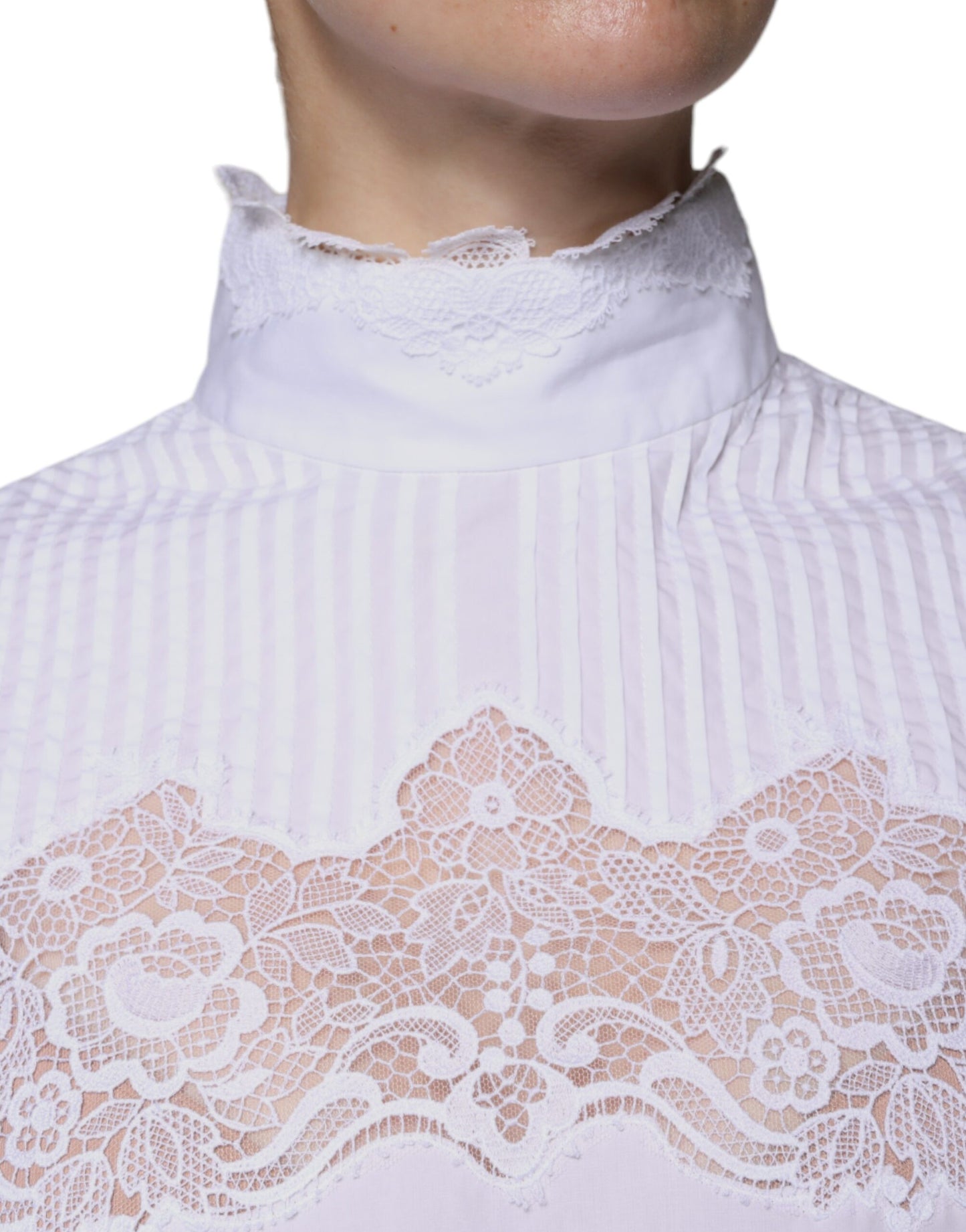 Dolce & Gabbana White Cotton Lace Trim Turtleneck Blouse Top