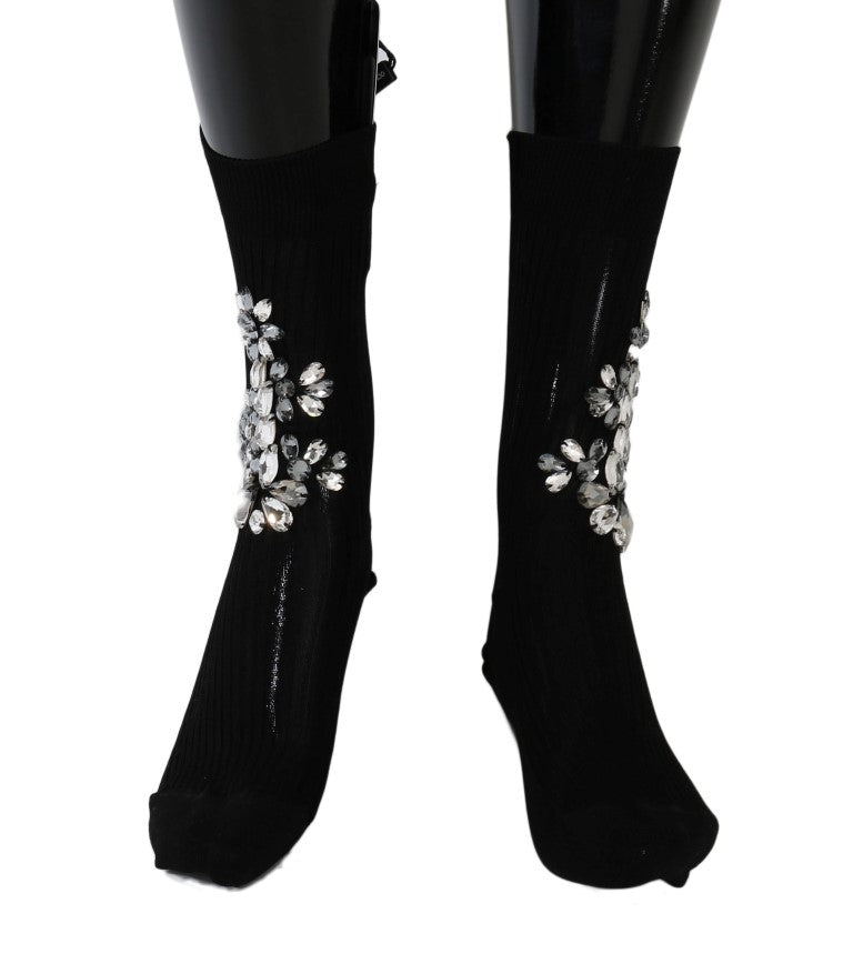 Chaussettes noires tricotées à fleurs et cristaux transparents