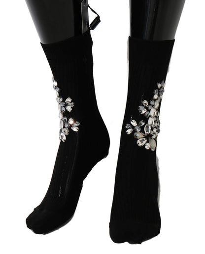 Chaussettes noires tricotées à fleurs et cristaux transparents