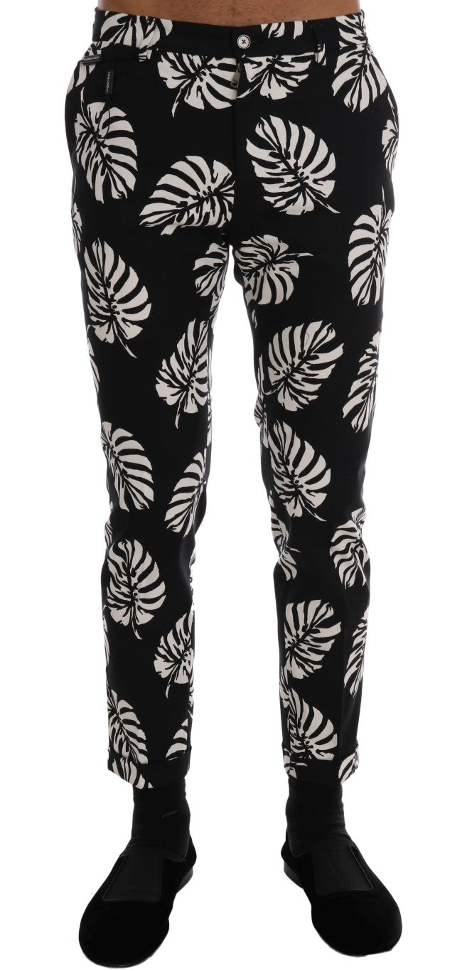 Pantalon slim stretch en coton blanc noir à feuilles