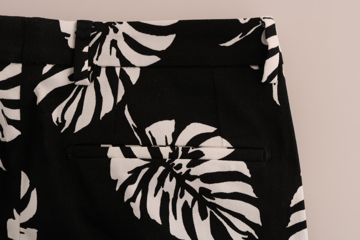 Pantalon slim stretch en coton blanc noir à feuilles