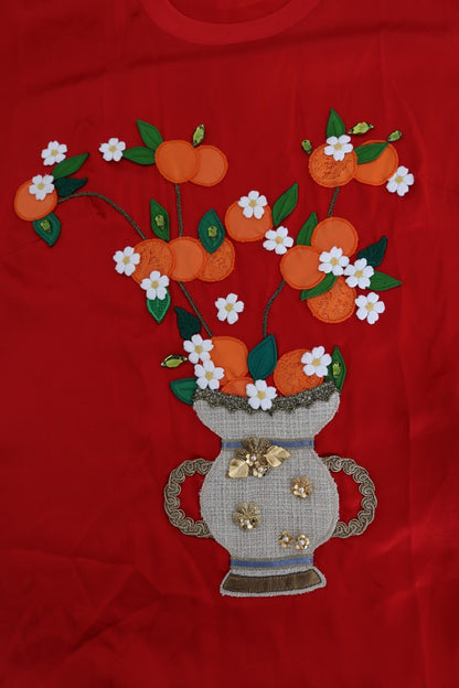 Rote Seiden-Orange-Vase mit Kristallaufsatz