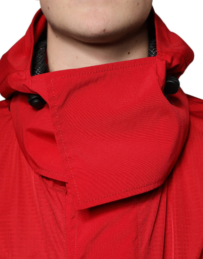 Dolce & Gabbana Red Nylon Hooded Men Full Zip Parka Jacket