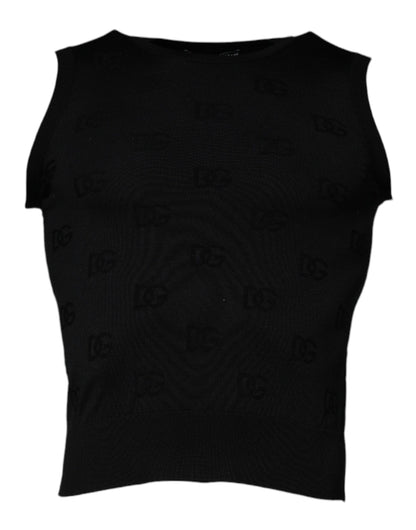 Dolce & Gabbana Black Silk Round Neck Sleeveless T-shirt