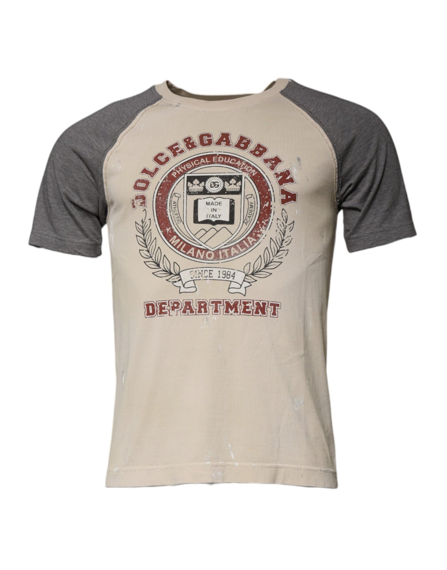 Dolce &amp; Gabbana Beige-Graues Baumwoll-T-Shirt mit Rundhalsausschnitt und grafischem Print