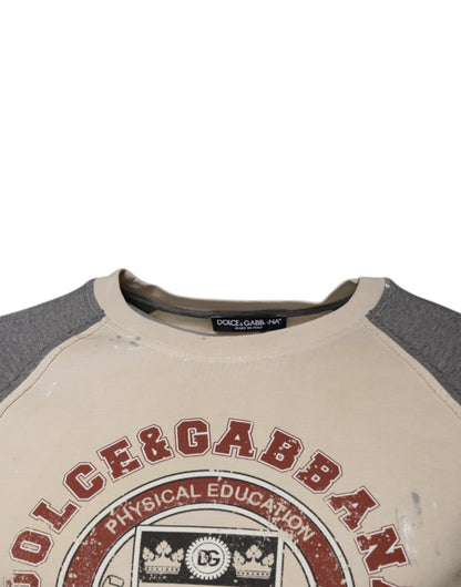 Dolce &amp; Gabbana Beige-Graues Baumwoll-T-Shirt mit Rundhalsausschnitt und grafischem Print