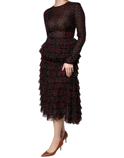 Dolce & Gabbana Black Red Polka Dot Silk Layered Midi Dress