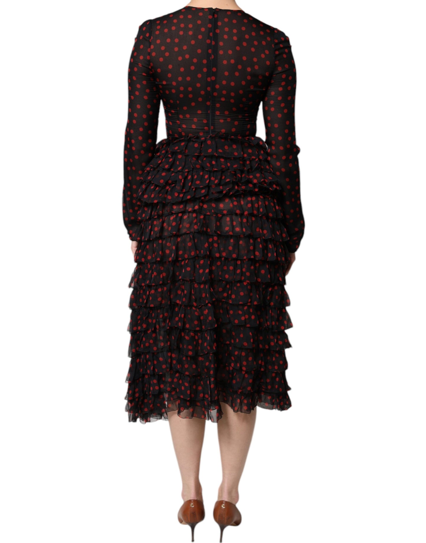 Dolce &amp; Gabbana – Schwarzes, rotes Midikleid aus Seide mit Polka Dots