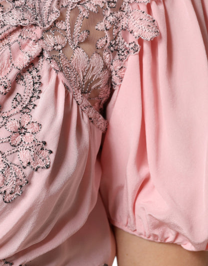 Ermanno Scervino – Rosa Midikleid mit Blumenspitze und kurzen Ärmeln sowie V-Ausschnitt