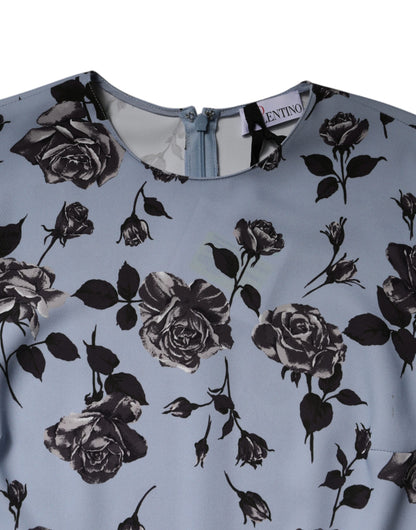 Valentino – Hellblaues, langärmliges Minikleid in A-Linie mit Blumenmuster