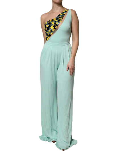 Elisabetta Franchi – Langes Jumpsuit-Kleid mit One-Shoulder-Träger in Mintgrün