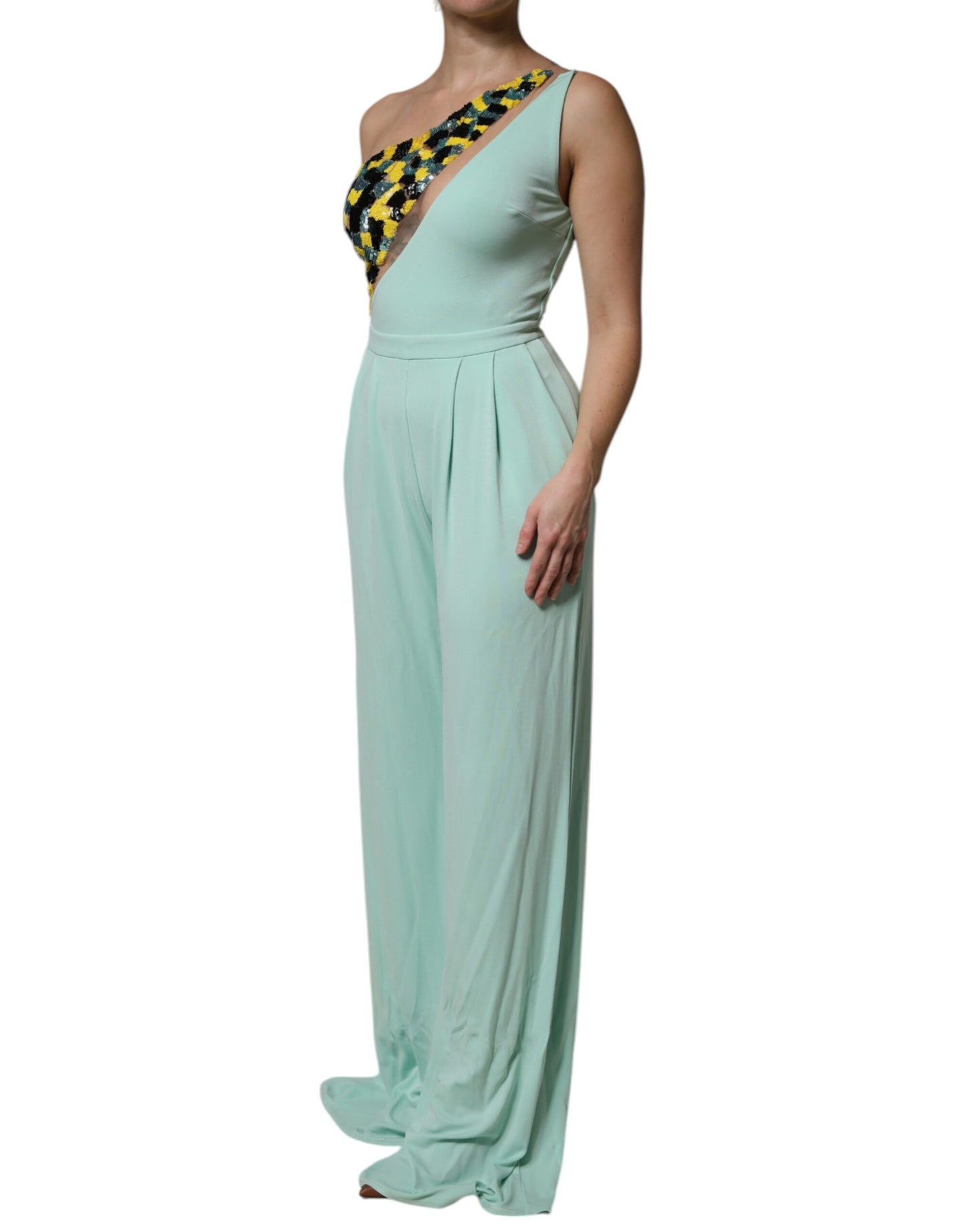 Elisabetta Franchi – Langes Jumpsuit-Kleid mit One-Shoulder-Träger in Mintgrün