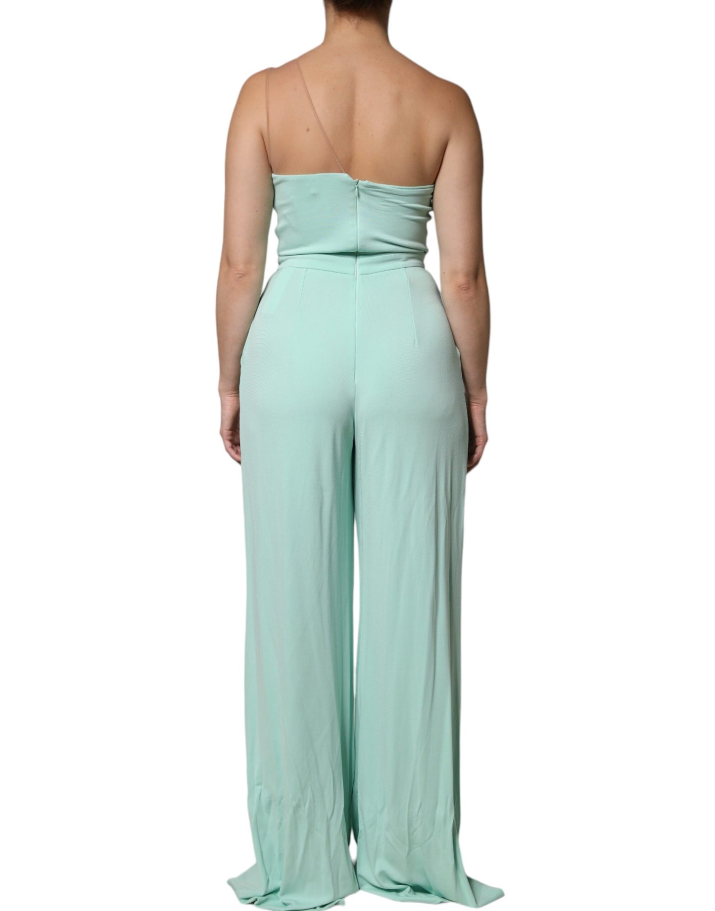 Elisabetta Franchi – Langes Jumpsuit-Kleid mit One-Shoulder-Träger in Mintgrün