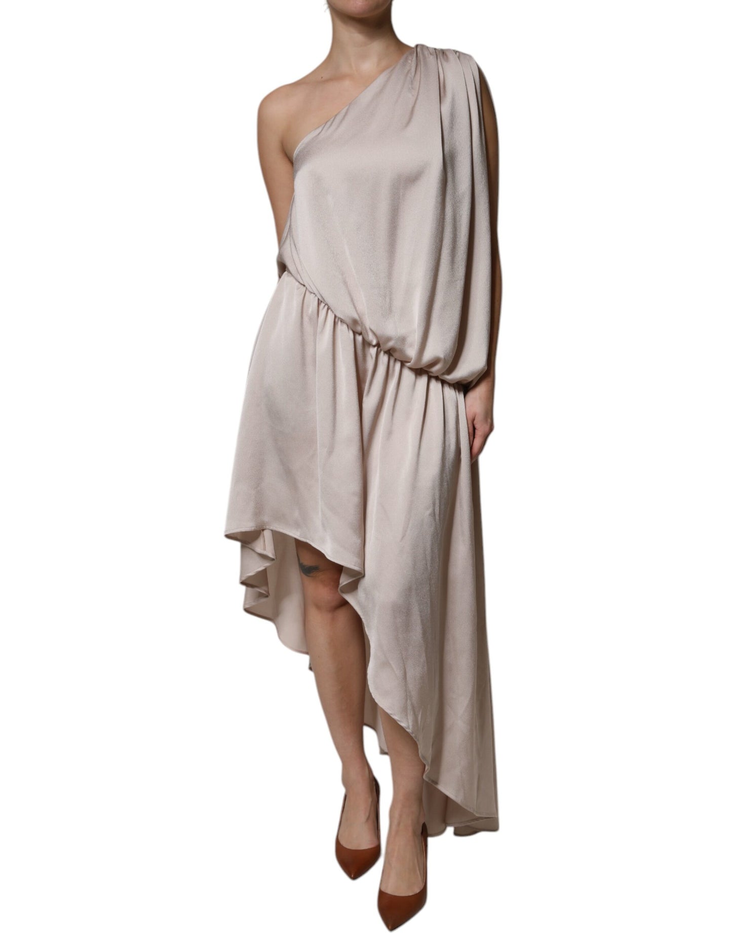 Christian Pellizzari – Asymmetrisches Drapiertes Kleid mit One-Shoulder-Träger in Beige