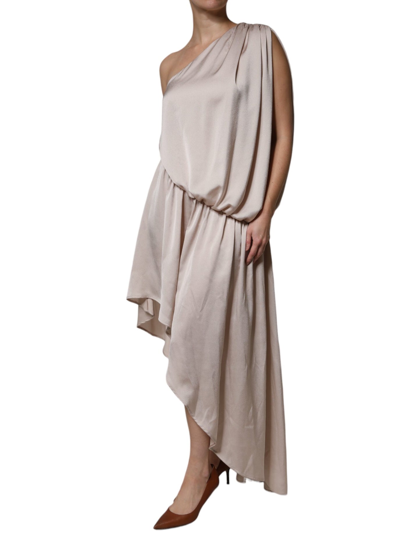 Christian Pellizzari Beige One Shoulder Asymmetric Drape Dress