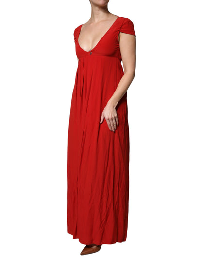 Dondup Red Acetate Short Sleeves Plunging Neckline Maxi Dress