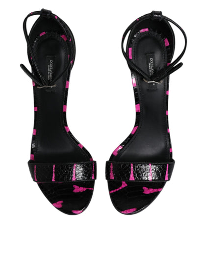 Dolce &amp; Gabbana Schwarze Fuchsia Leder DG Heels Sandalen Schuhe