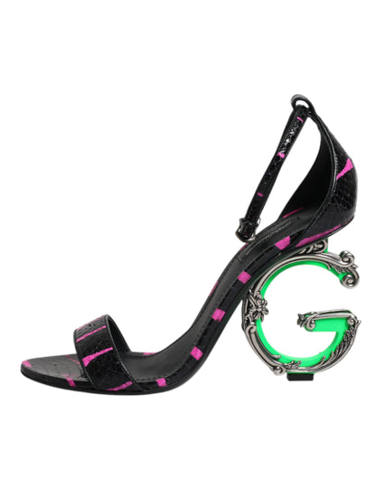 Dolce &amp; Gabbana Schwarze Fuchsia Leder DG Heels Sandalen Schuhe