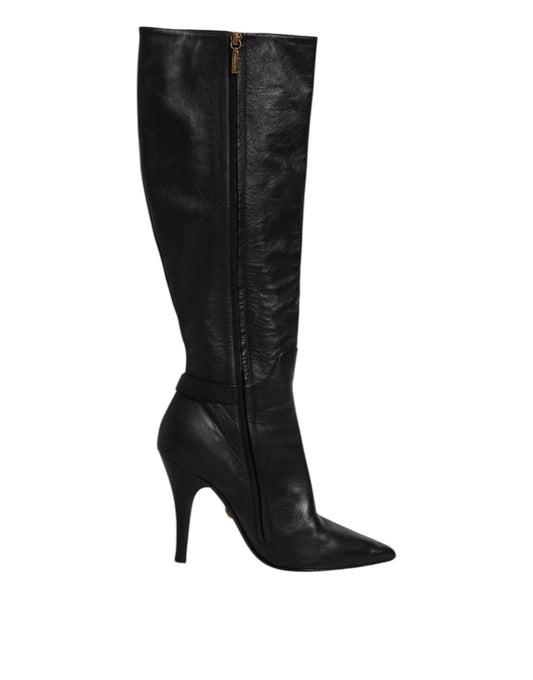 Dolce & Gabbana Black Leather Heels Knee High Boots Shoes