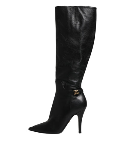 Dolce &amp; Gabbana Schwarze Leder Heels Kniehohe Stiefel Schuhe