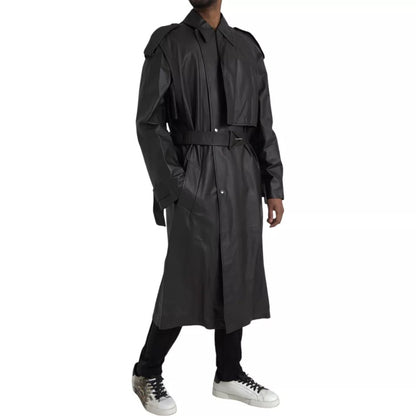 Bottega Veneta Schwarze wasserdichte Trenchcoatjacke aus Leder für Herren