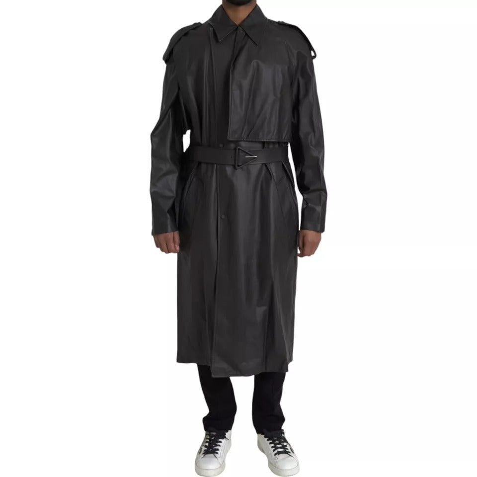 Bottega Veneta Black Leather Men Waterproof Trenchcoat Jacket