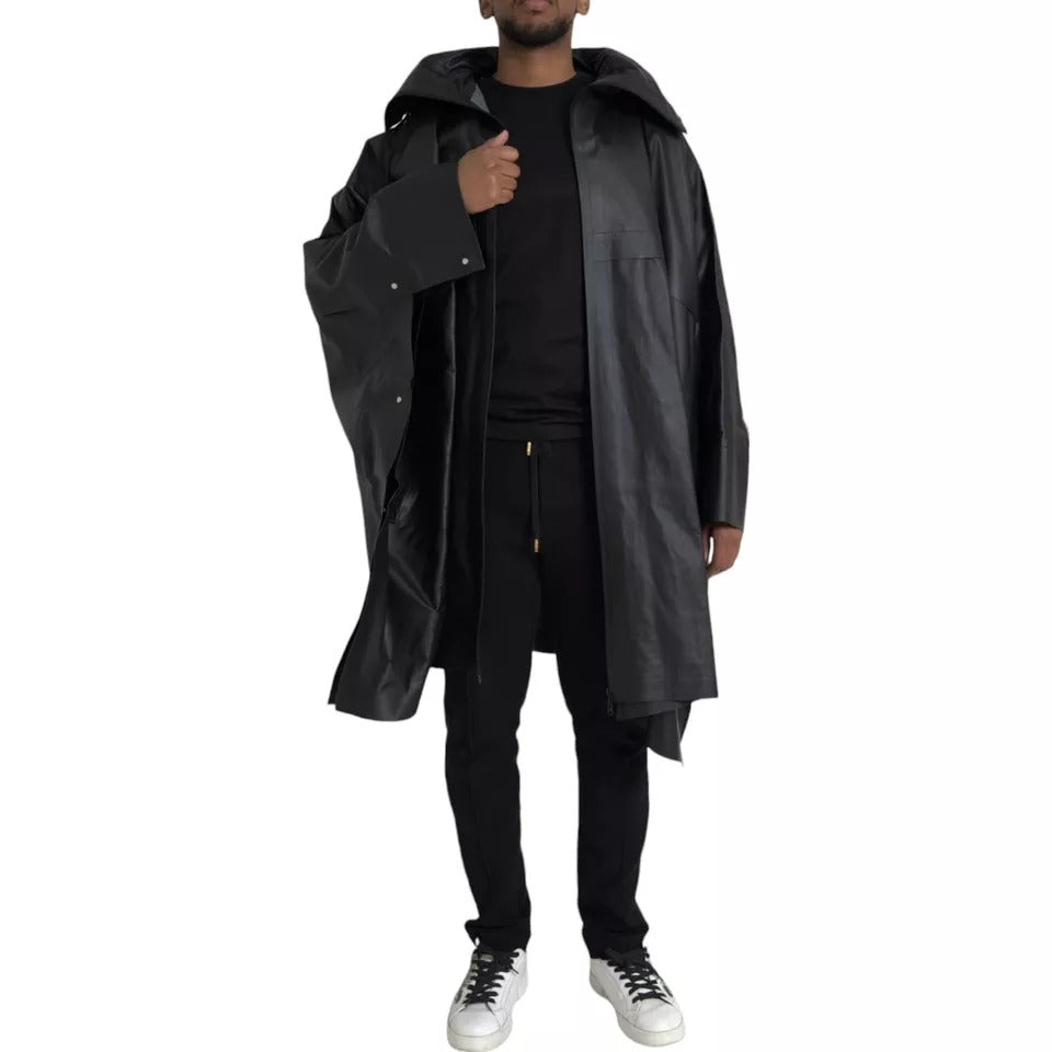 Bottega Veneta – Schwarze Trenchcoat-Jacke aus Leder mit Kapuze für Herren