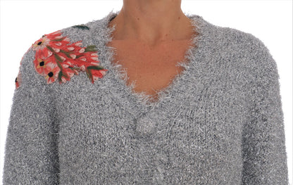 Maglione con applicazioni floreali in cardigan argento